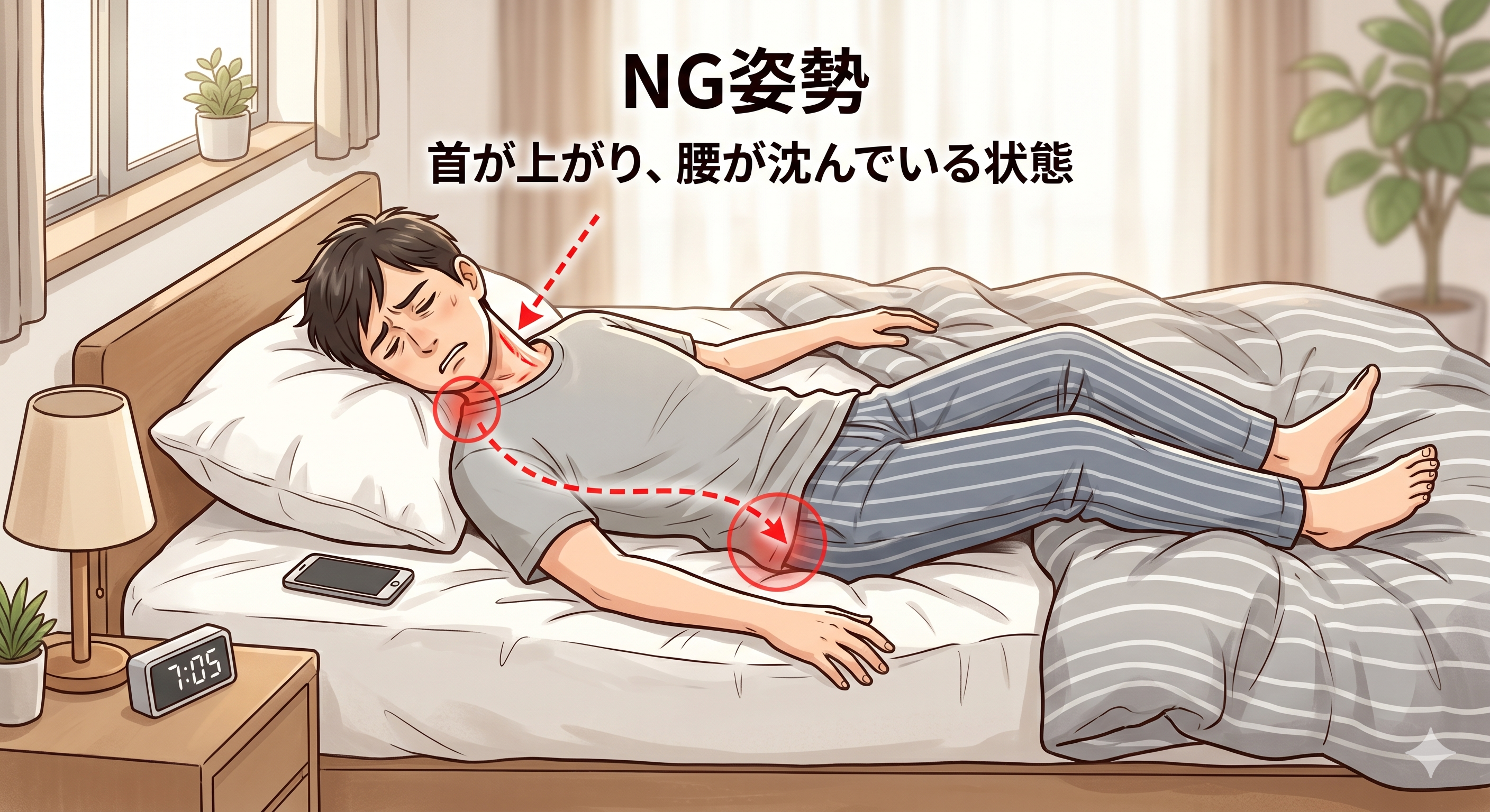 首だけフィットして腰が不自然に沈んでいる寝姿勢のイラスト(NG例)