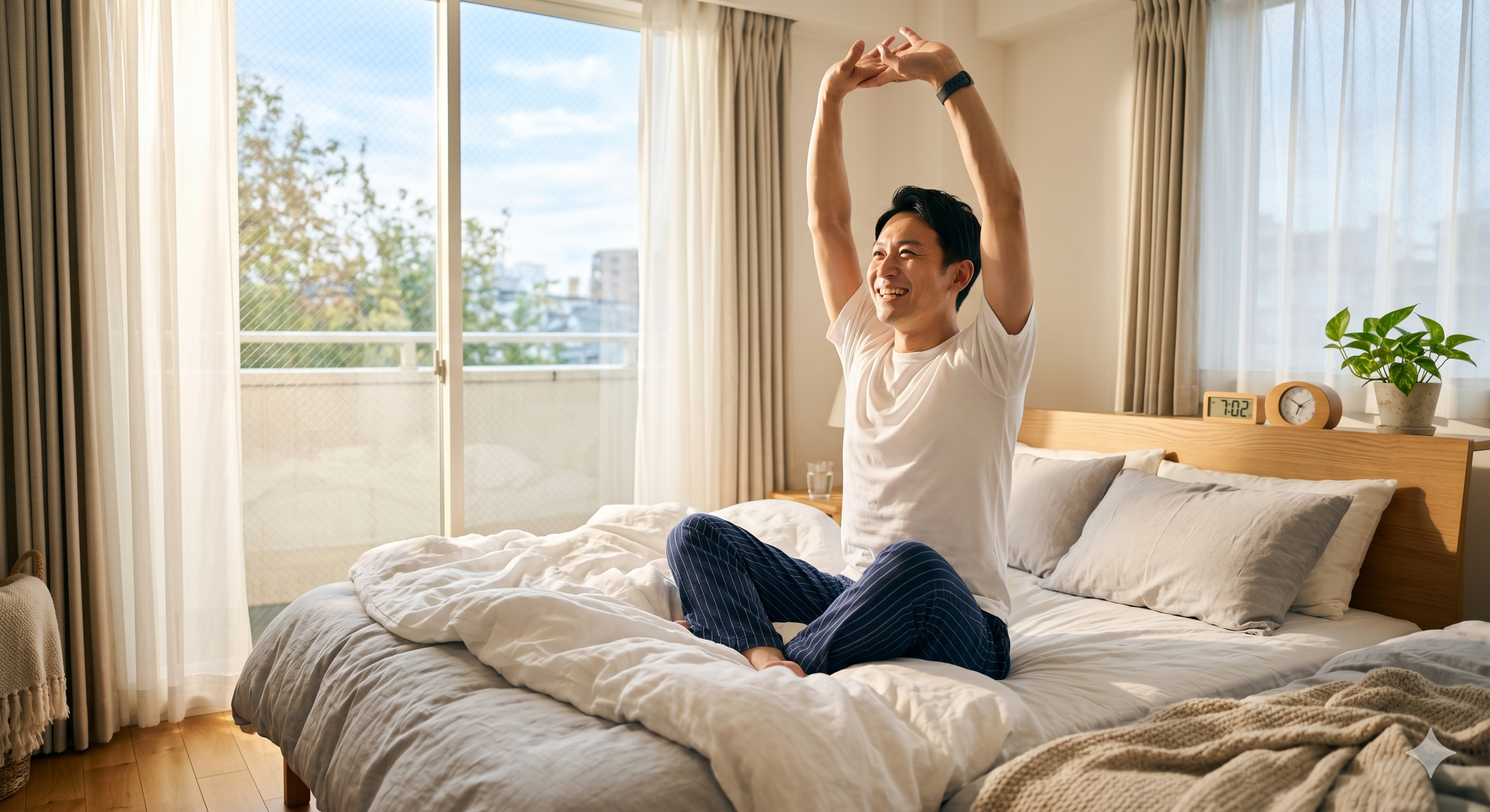 朝、柔らかい朝日が差し込む寝室で、シーツから体を起こし、痛みや疲労を一切感じさせない爽やかな笑顔で伸びをしているビジネスパーソンの写真