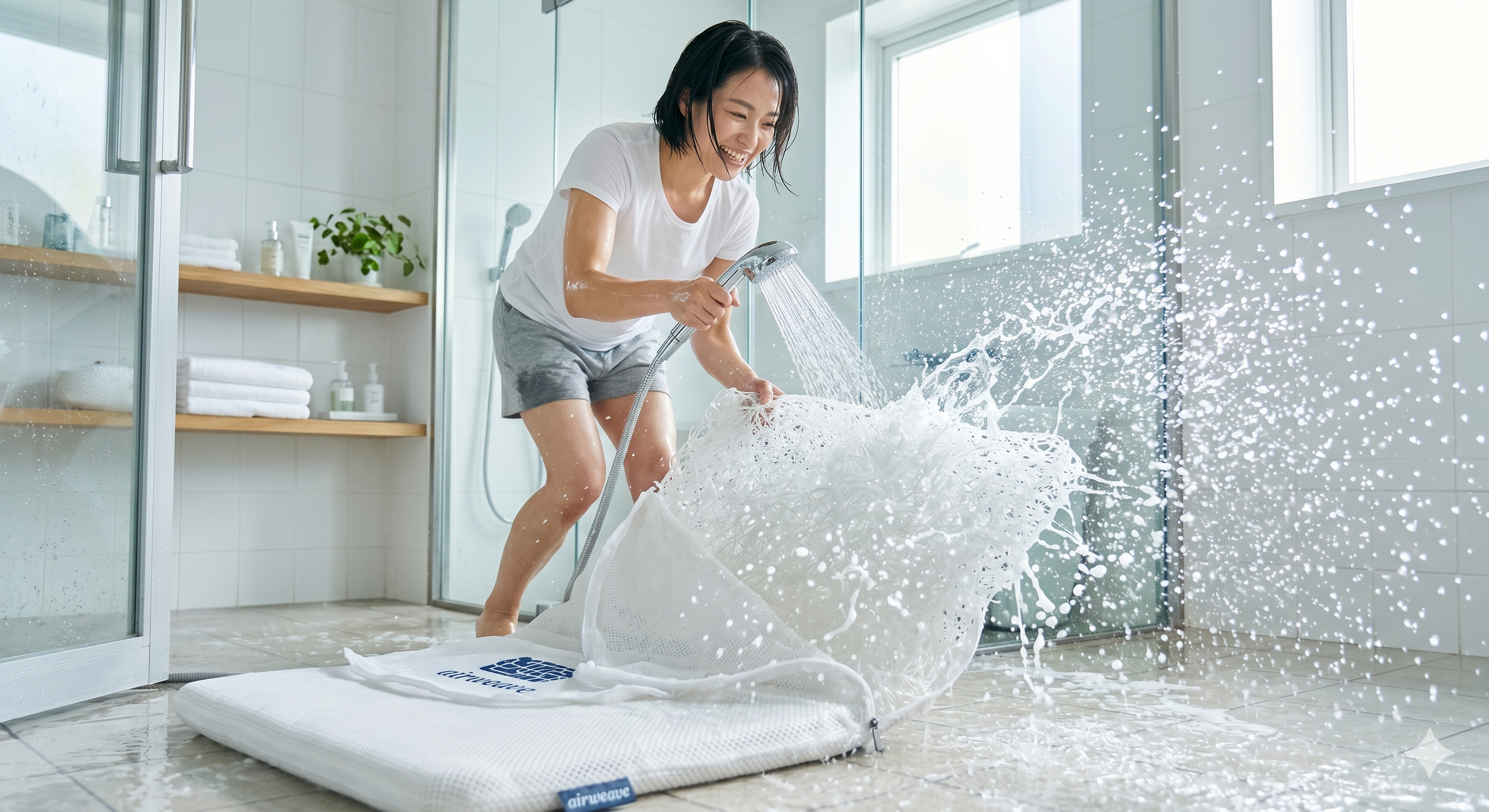 浴室でシャワーを使って中材を豪快に洗い流している写真。水滴が弾け、圧倒的な清潔感をアピール