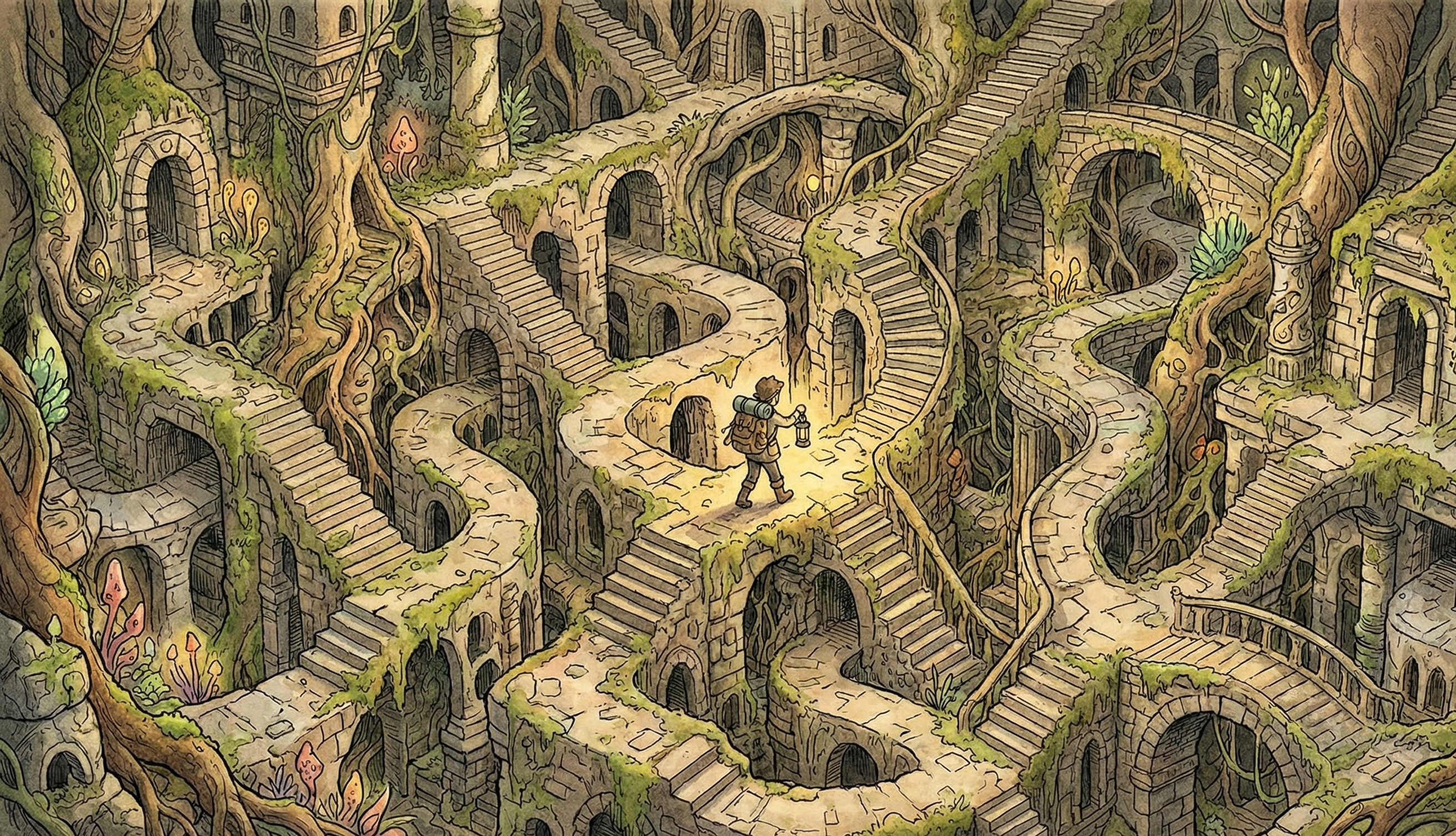 迷路のような複雑な道を歩いているイメージイラスト