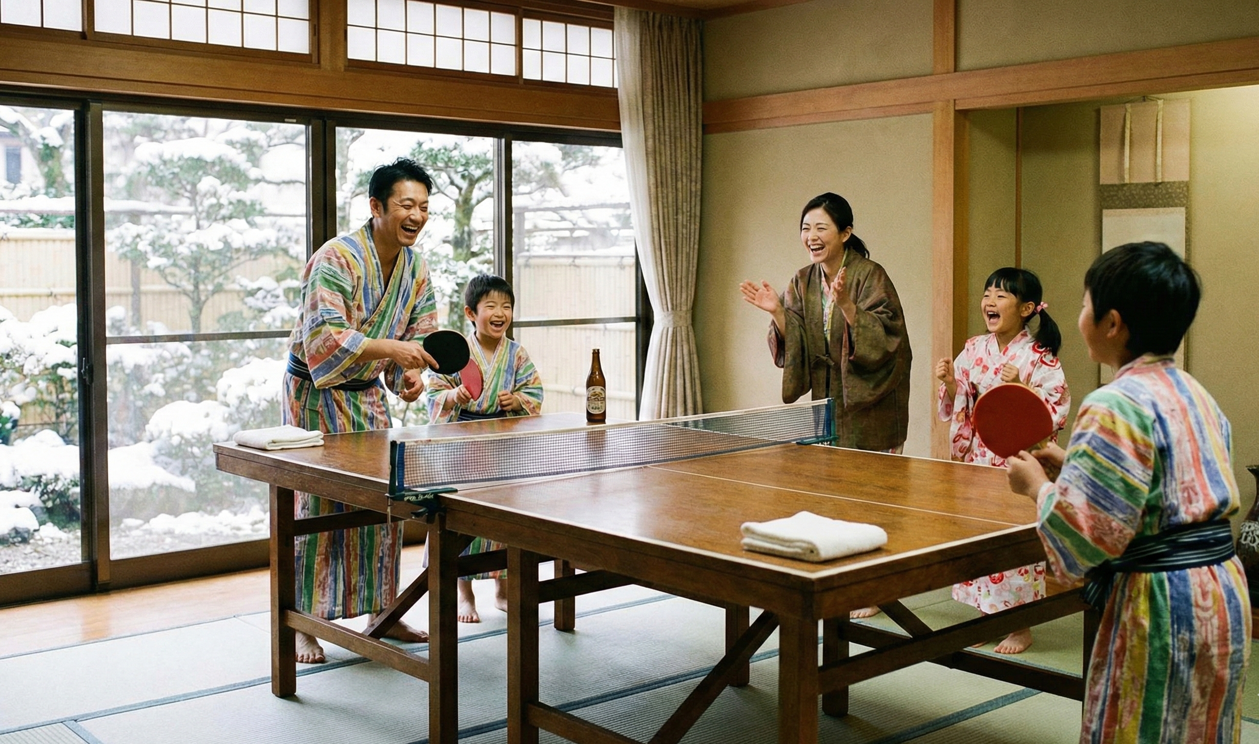 家族で浴衣を着て卓球をしている楽しげな様子