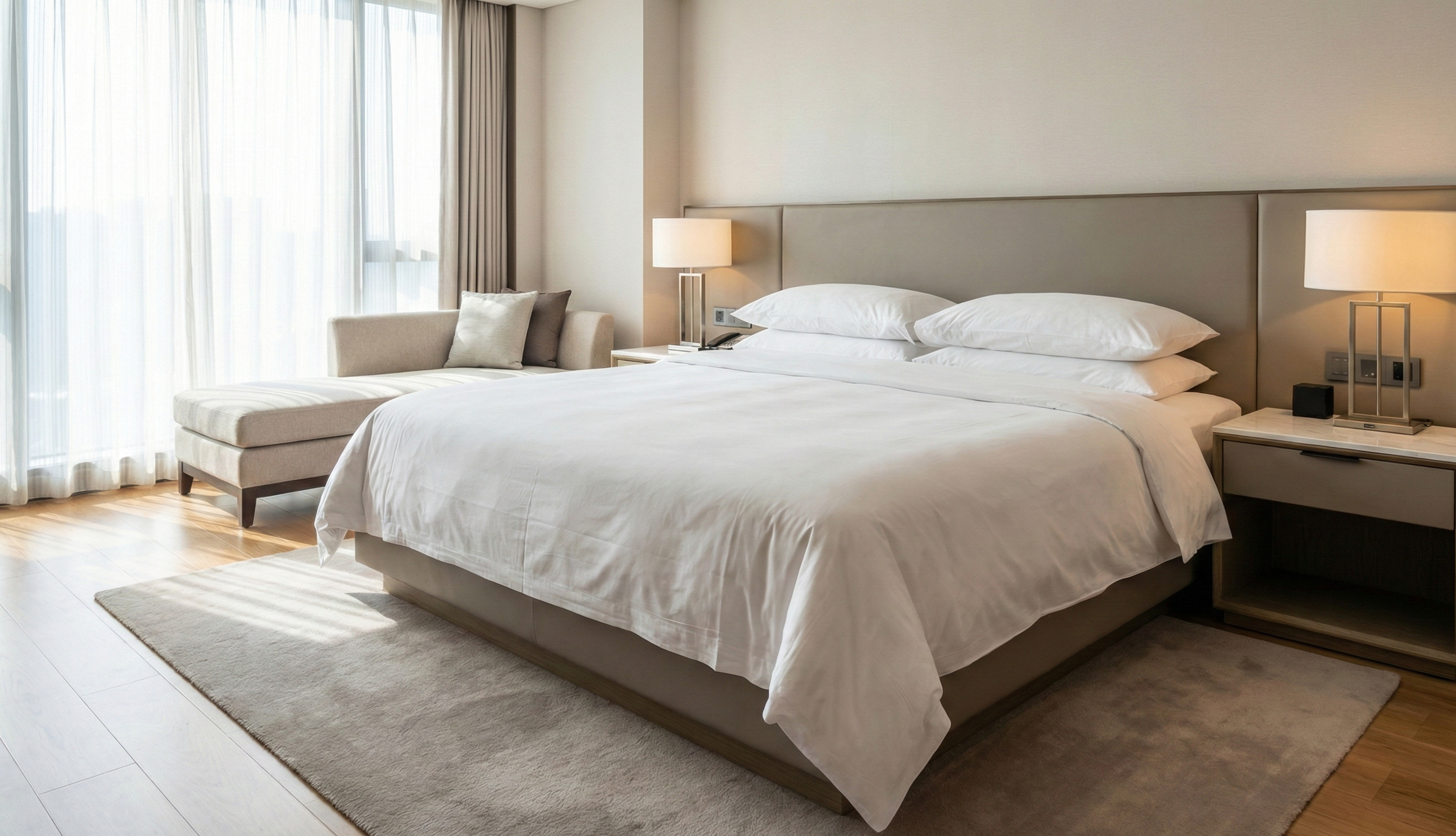 ホテルの清潔なベッドルーム。しかしベビーガードなどは写っていない