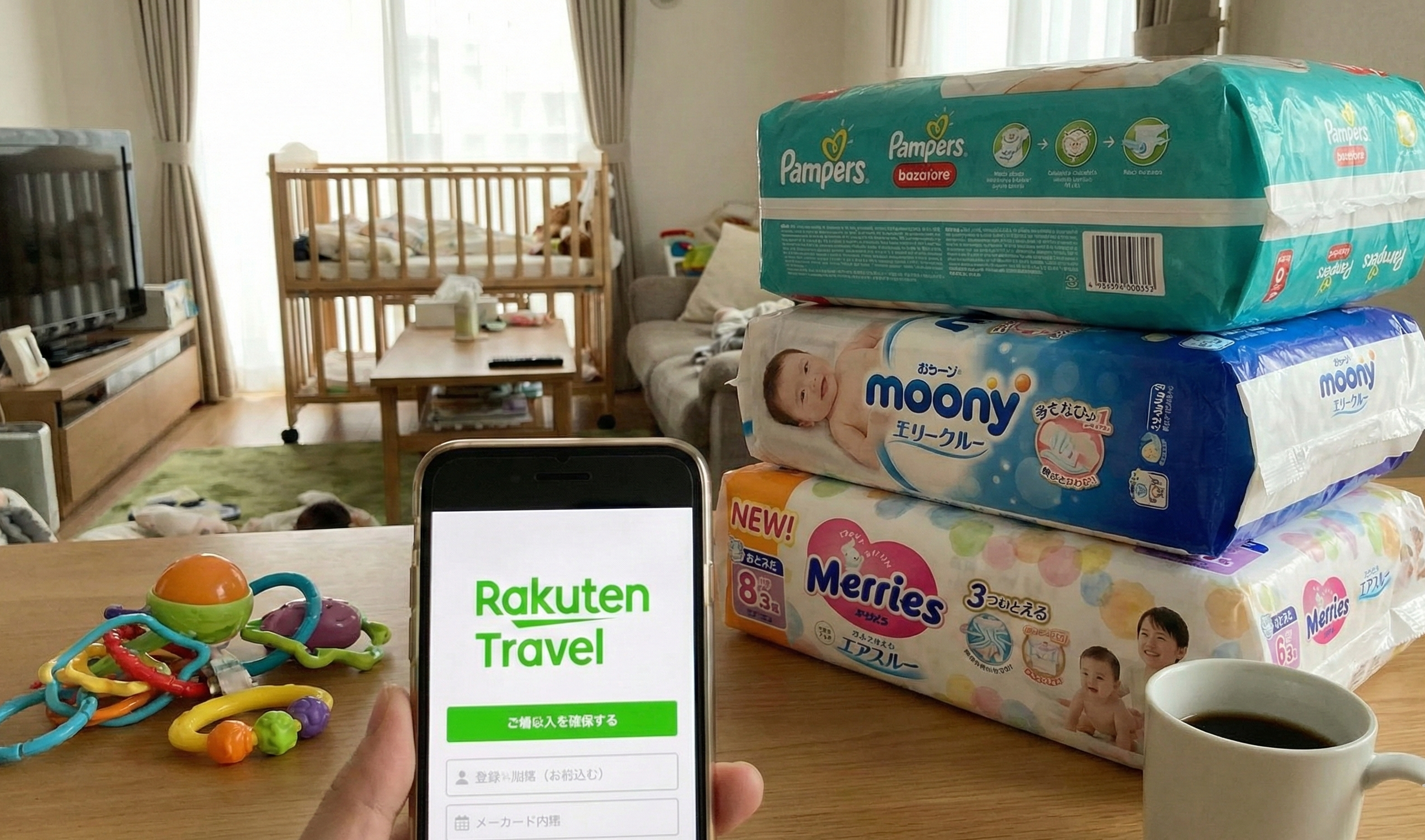 スマホ画面の楽天トラベルアプリと、その横に積まれたオムツのパック