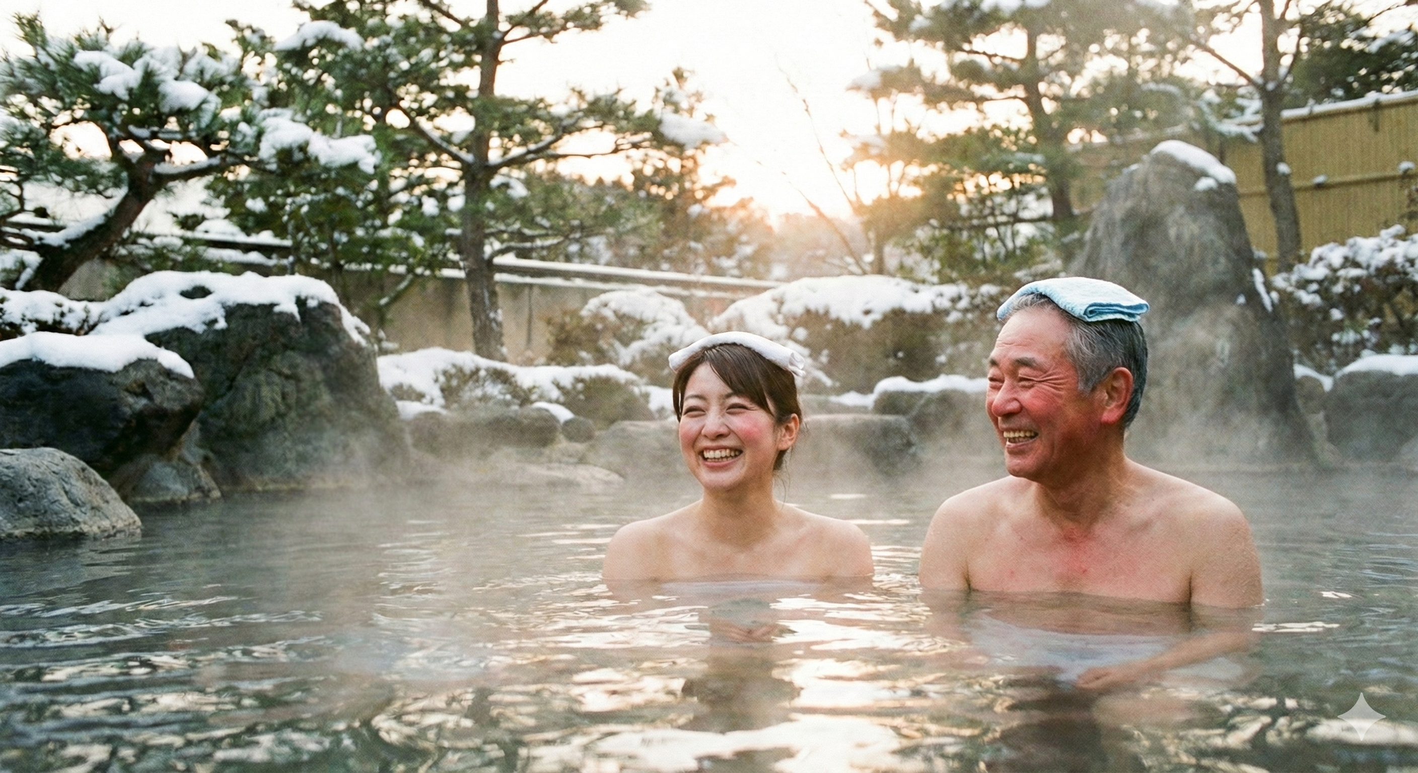 温泉に入ってほっとしている親子の笑顔